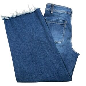 Oat New York Womens 4/27 Wide Leg Dark Wash High Rise Patch Pocket Raw Hem Jeans